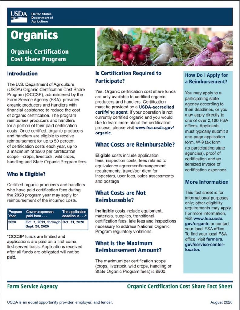 View the Organic Certification Cost Share Program Fact Sheet (August 10, 2020)